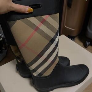 Burberry Black Rubber Rain Boot with Silver Logo Plaque